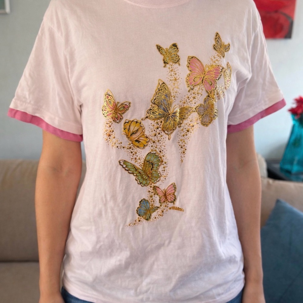 Vintage 90’s Morning Sun Tee Shirt With Butterfly’s   Contrast Sleeve Neck M